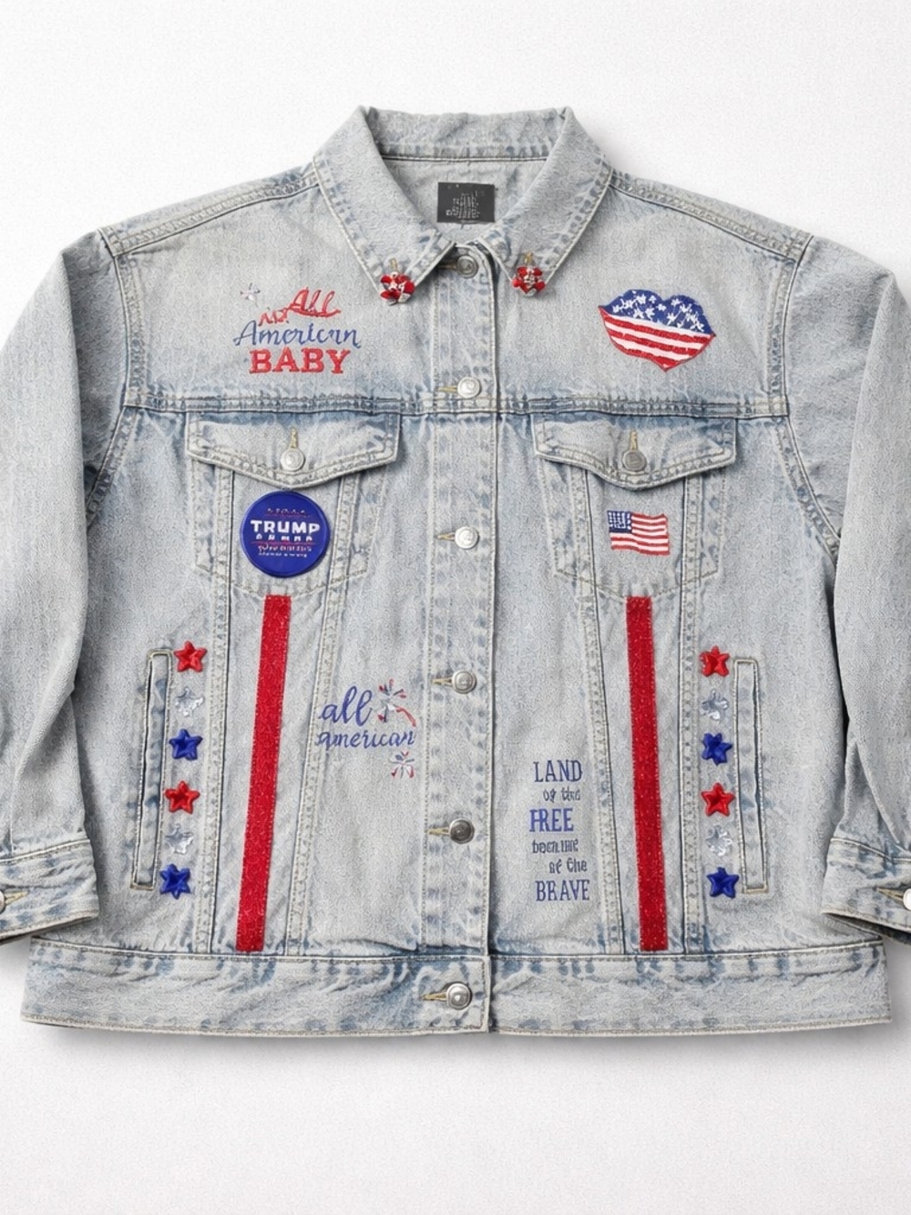 Light Wash Denim Jacket with Red, Blue & White Patriotic Embellishments